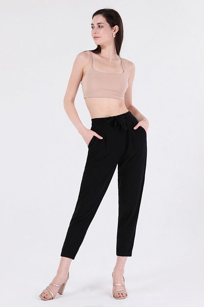 MD trend Pantaloni de in negri pentru femei, cu curea în talie, cu detaliu de buzunar