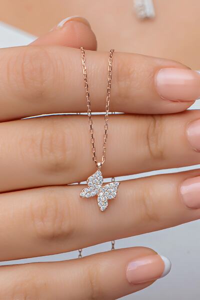 Nereze 925 Ayar Gümüş Rose Zirkon Taşlı Minik Kelebek Kolye