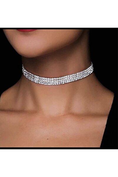 hanedanstore Kadın 4 Sıra Gümüş Zirkon Taşlı Pırlanta Choker Tasma Sevgili Ge...