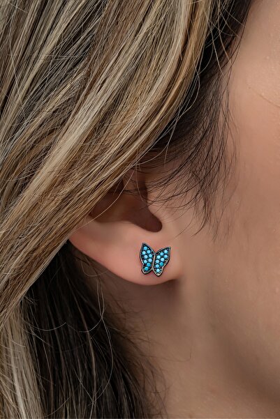 Nereze 925 Ayar Gümüş Rose Turkuaz Taşlı Kelebek Küpe