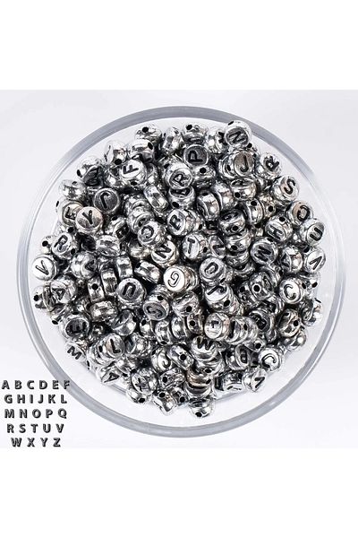 Hobimos 25gr Letter Beads - 4x7mm Flat Silver Color Black Letter Beads on Ground (25gr,~185 Pieces)