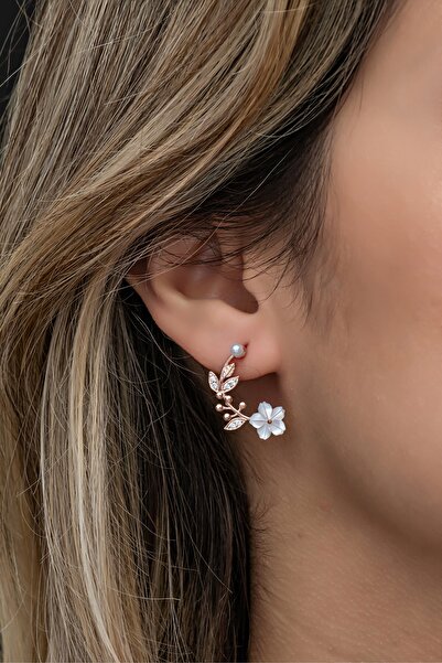 Nereze 925 Ayar Gümüş Rose Manolya Çiçeği Detaylı Yarım Ay Küpe