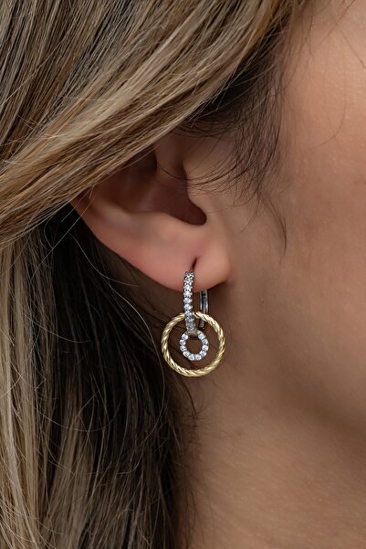 Nereze 925 Ayar Gümüş Çift Renk Halka Sallantılı Tamtur Küpe