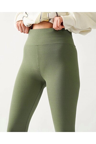 FV Green Ribbed Striped Leggings High Waist Durable Knitted Fabric Sports Tights Gatherer