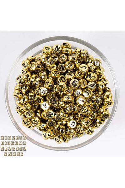 Hobimos 100gr Letter Beads - 4x7mm Flat Gold Color Black Letter Beads on the Ground (100gr,~740 Pieces)