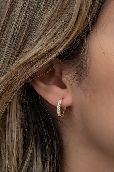 Nereze 925 Ayar Gümüş Gold Zirkon Taşlı Halka Küpe