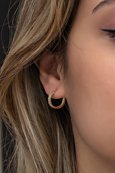 Nereze 925 Ayar Gümüş Gold Zirkon Taşlı Halka Küpe