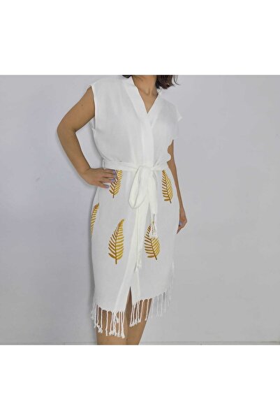 Nevin Acar Yellow Leaf Sleeveless Kimona Collar Bamboo Beach Bathrobe