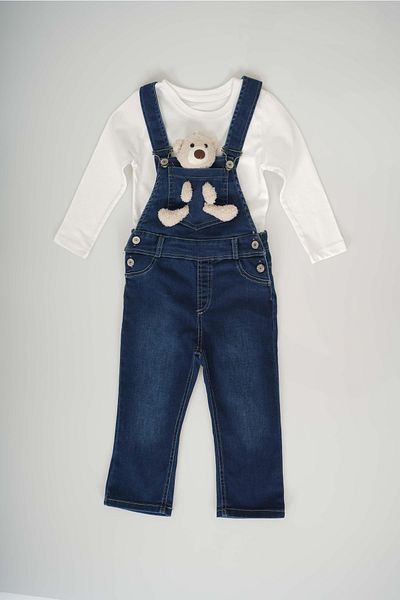 MİNİKO KİDS Unisex Teddy Bear and Badi 2-Piece Denim Salopet