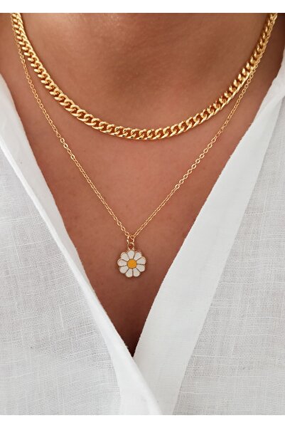 DENİZDENAL Thick Chain Necklace Daisy Combination Set