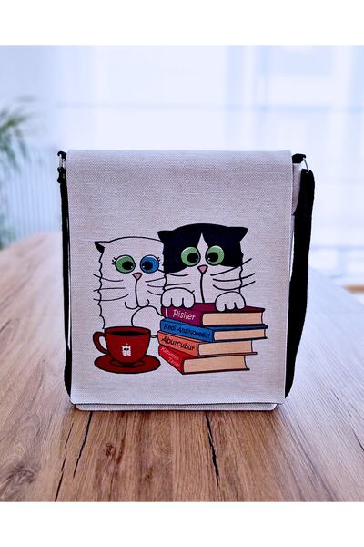 Aburcubur Atölye Kadın Kedili Keten Postacı Çantası
