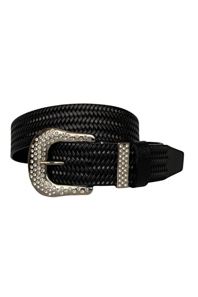GoDeri %100 Hakiki Deri, Gümüş Taşlı Tokalı, Metal Taşlı Köprülü Siyah Kadın Kot Kemeri 4 Cm=an-byn-66