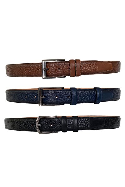 GoDeri %100 Hakiki Deri 3'lü Set, Dikişli Klasik Kumaş Pantolon Kemeri; Siyah, Lacivert, Kahve 3,5 Cm=arz