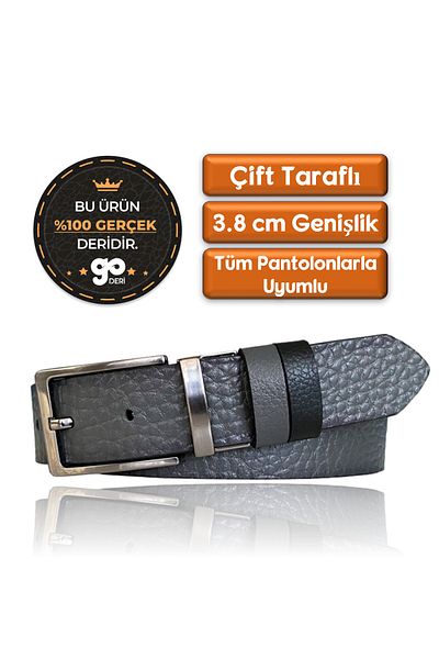 GoDeri 4 Cm Wide Genuine Leather Double Sided Patterned Belt - Gray and Black