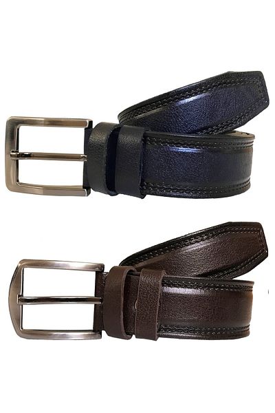 GoDeri Genuine Leather Brown and Navy Blue 4-cm Belted 2-Piece Patterned Super Set