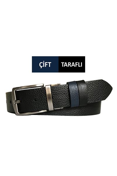 GoDeri 4 Cm Wide Double Sided Genuine Leather Belt - Black and Navy Blue
