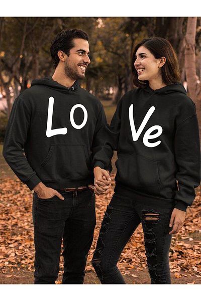 Buğraterzimoda Love Printed Lover Combination Διπλό Μαύρο Φούτερ με κουκούλα (η τιμή είναι για 2 τεμάχια)
