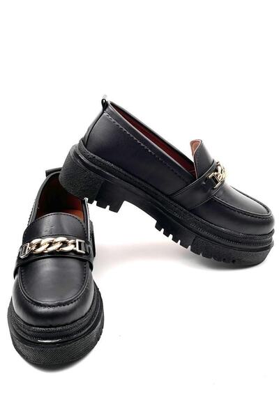 bescobel Dámské černé boty Moxyy Skin Poly Ortopedic Comfort Sole Chain Oxford Loafer s vysokou podrážkou