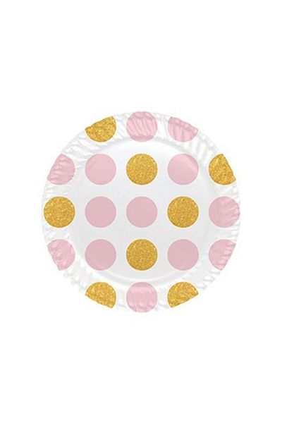 TURKUAZ PARTY Cardboard Plate - Pink Gold Polka Dot - 23 cm - 8Pcs