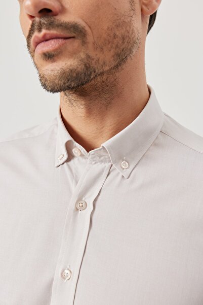 ALTINYILDIZ CLASSICS Men's Beige Slim Fit Narrow Cut Button Collar Patterned Shirt