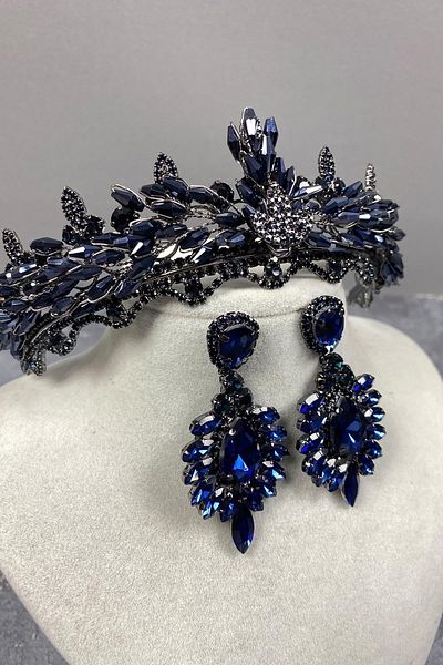 Hobigram Set de coroană și cercei de mireasă cu cristal albastru bleumarin Marvel Model Henna – Coroană, piatră de cristal, model elegant – Coroană