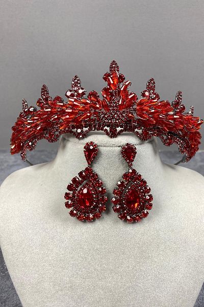 Hobigram Set de coroană de mireasă și cercei cu piatră de cristal roșu Marvel Model Henna – Coroană, piatră de cristal