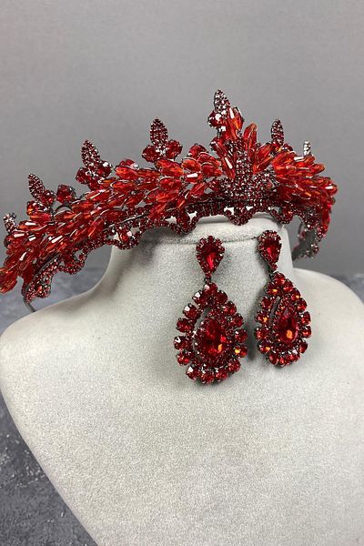 Hobigram Set de coroană de mireasă și cercei cu piatră de cristal roșu Marvel Model Henna – Coroană, piatră de cristal