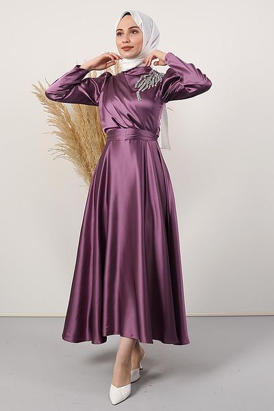 giz astore Rochie de seara din satin cu pietre pe umeri Liliac