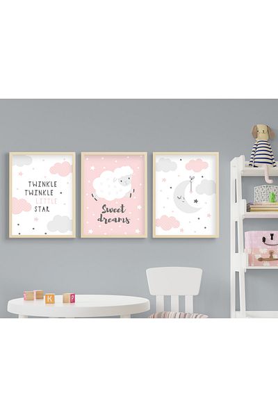 Ya&mu 3 Pieces 33 X 44cm Large Size Wooden Framed Baby, Children's Room Painting Set
