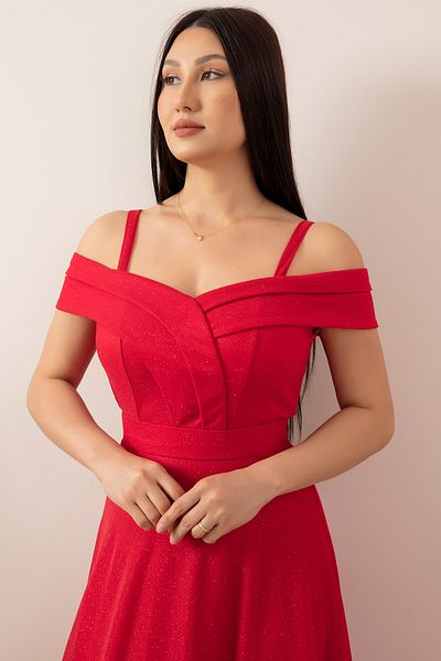 PULLIMM Rochie de seară lungă din tul cu sclipici cu bretele 13278