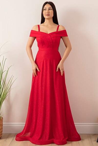 PULLIMM Askılı Simli Tül Uzun Abiye Elbise 13278