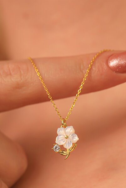 byess 925 Ayar Gümüş Sedef Taşlı Manolya Kolye Küpe Set