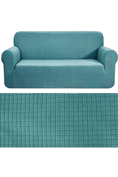 KARAHANLI Su Yeşili Renk Lastikli Esnek Piti Kare Desen Berjer Üç Kişilik Kol...