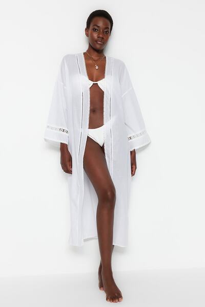 Trendyol Collection Ecru Belted Belted Woven Midi Beach Kimono & Kaftan