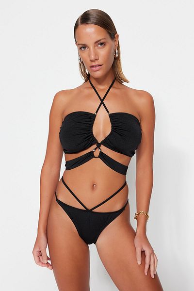 Trendyol Collection Чорний комплект бікіні без бретелей з високими ніжками TBESS23BT00075