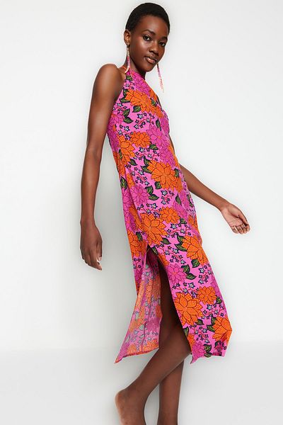 Trendyol Collection Floral Print Midi Woven Back Low-Cut Beach Dress Tbess23El00062