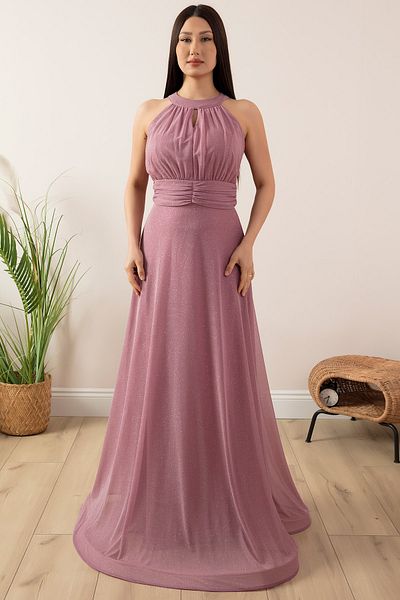 PULLIMM فستان سهرة طويل لامع برقبة على شكل حرف C 13320