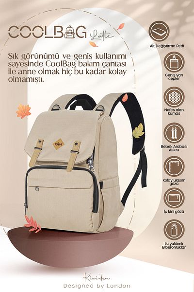 Kiwi حقيبة العناية بالطفل من Coolbag - عين حرارية، مقاومة للماء، مع وسادة مفتوحة من الأسفل - لاتيه