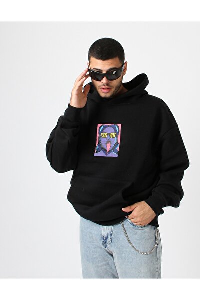 Sekizbiraltı Чорна оверсайз унісекс-худі з капюшоном - з принтом на спині