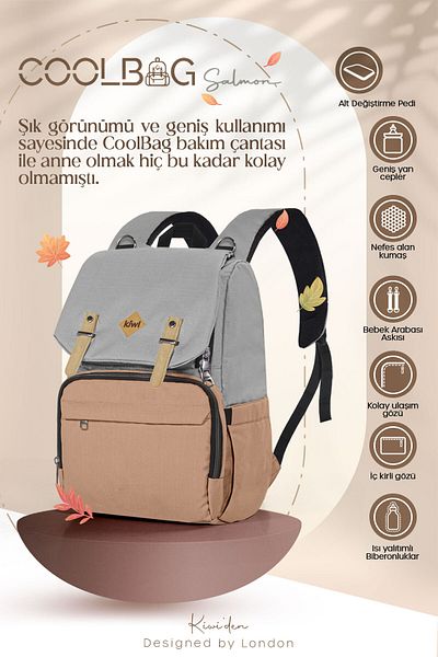 Kiwi حقيبة العناية بالطفل من Coolbag - سلمون رمادي مع حجرة حرارية، مقاومة للماء، وسادة