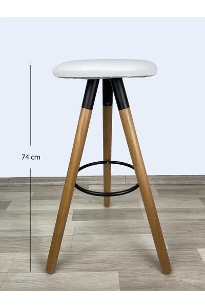 İREM Banco Bar Sandalyesi, Bar Taburesi 74cm Ahşap Ayak Beyaz Deri Oturak