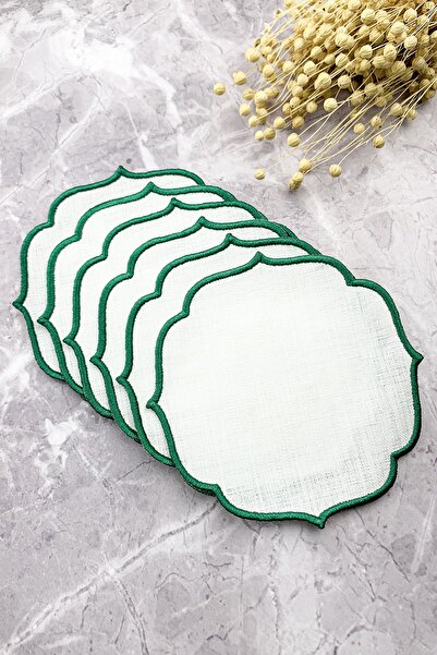 WEARE2 Set de 6 șervețele de cocktail cu efect de in, brodate, de culoare verde