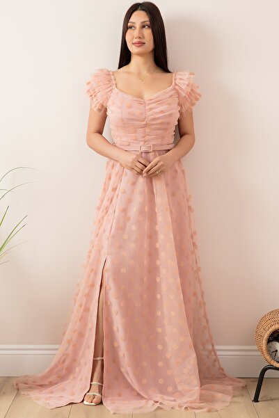 PULLIMM Μακρύ φόρεμα με λαιμόκοψη Flok Tulle Boat με ζώνη 13411