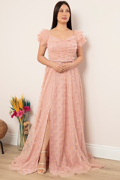 PULLIMM Μακρύ φόρεμα με λαιμόκοψη Flok Tulle Boat με ζώνη 13411