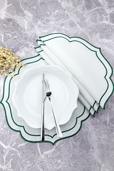 WEARE2 Yeşil Renkli Çift Sargı Nakışlı 4'lü Amerikan Servis