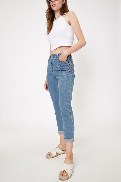 Trn JNS Sanya Mid Blue Colorfast Mom Jean Femei Boyfriend Pantaloni Power Lycra cu talie înaltă