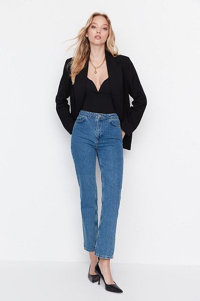 Trn JNS Nika Mid Blue Colorfast Mom Jean Femei Boyfriend Pantaloni Power Lycra cu talie înaltă