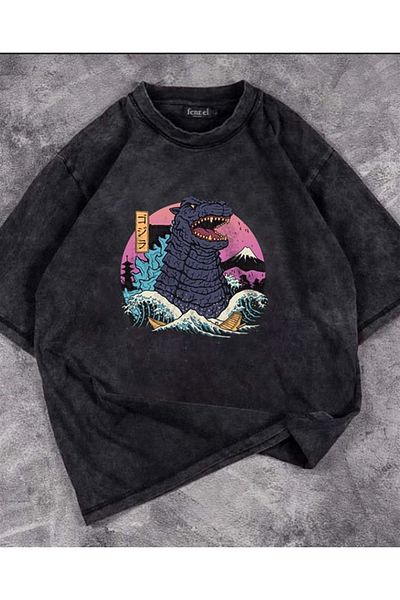 Touz Hokusai Godzilla Antique Patterned Daily Washable T-shirt
