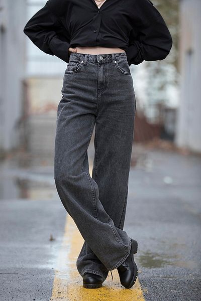 Ramrod Bella Women's Gold Smoked Snow Wash Lycra Wide Leg Jeans Loose Wide Leg Anthracite Jeans