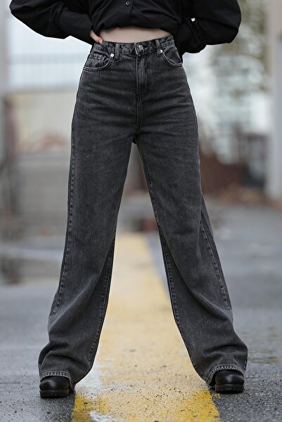 Livik Cemre Women's Gold Smoked Snow Wash Lycra Wide Leg Jeans Loose Wide Leg Anthracite Jeans